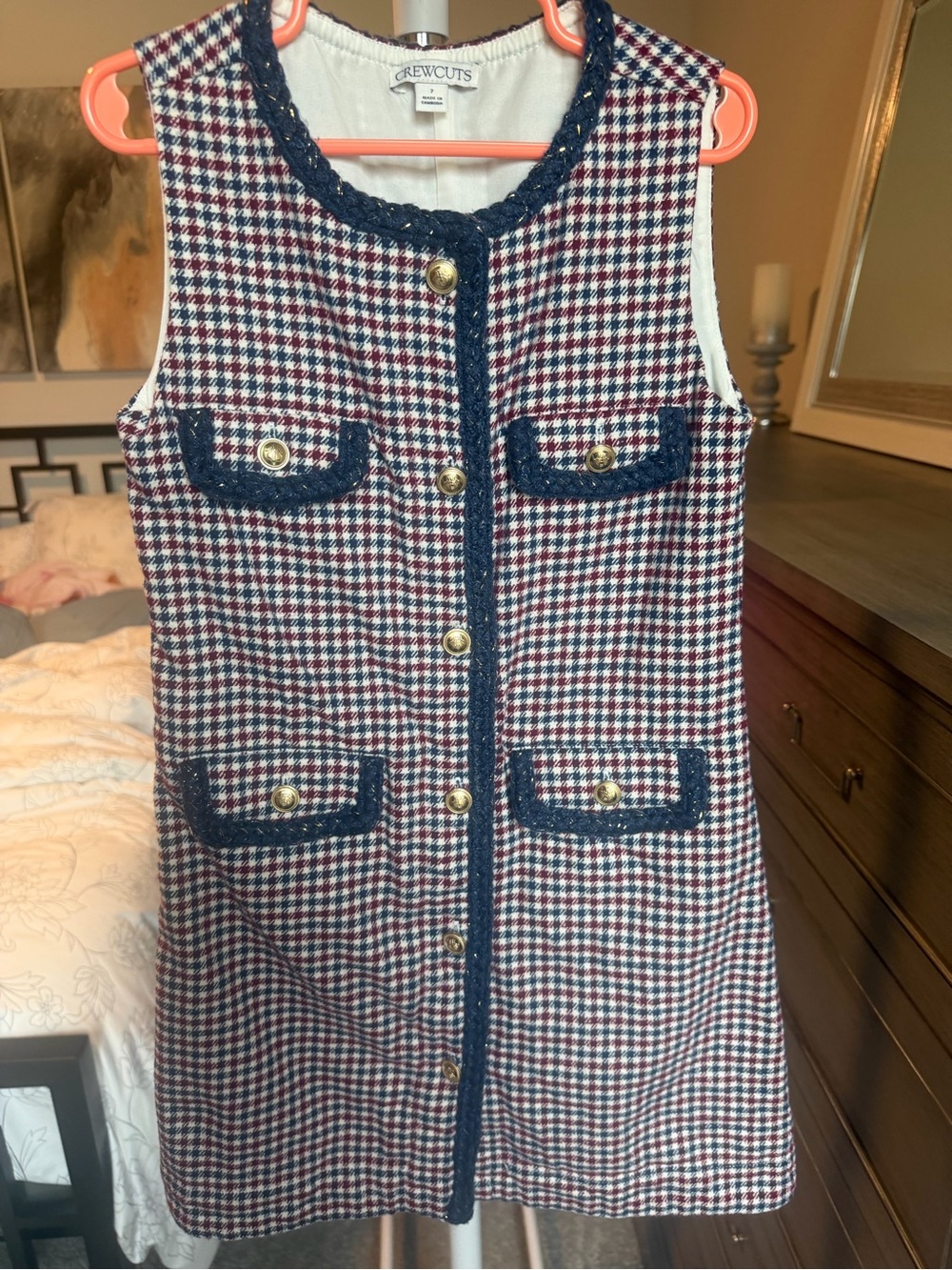 Girls Crewcuts Navy and Red Houndstooth Tweed Shift Dress